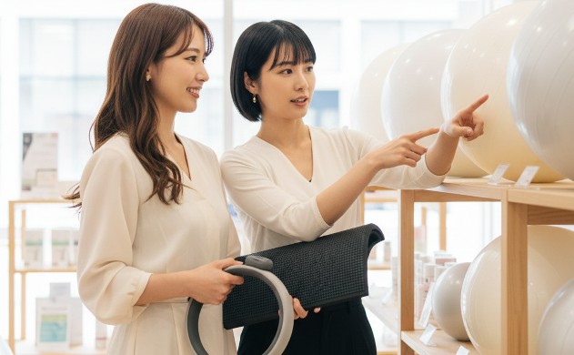 「商品選びと導線:失敗しないための設計思想」 →あいみと美羽が複数のバランスボールを見比べている。手に固定リングや滑り止めシートを持っている。背景はショップ風の空間。
