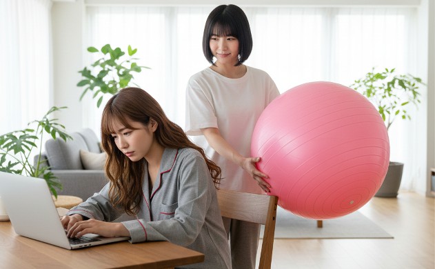 在宅ワーク女子が眠れなくなる理由と、バランスボールがくれる安心 → あいみがPC作業中に疲れた表情で美羽に寄りかかり、美羽がバランスボールを差し出している構図。背景は明るいリビング。