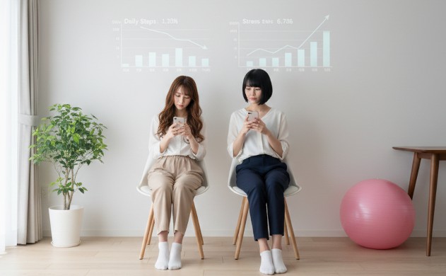 なぜ在宅ワークで眠れなくなるのか?歩数激減と運動不足の科学的背景 → あいみと美羽が椅子に座ってスマホを見ているが、部屋に万歩計や運動不足のグラフが映っている。バランスボールは部屋の隅に置かれている。