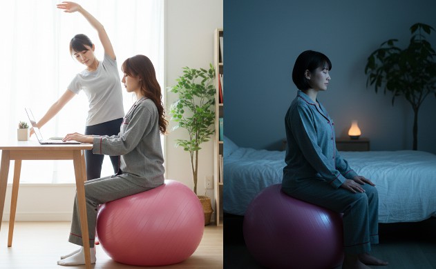 バランスボールで昼はダイエット、夜は快眠を叶える仕組み → 昼のシーン:あいみがバランスボールに座って仕事中、美羽が横でストレッチ。夜のシーン:2人ともパジャマ姿でボールに座って呼吸を整えている。背景は昼夜が分かれるように演出。