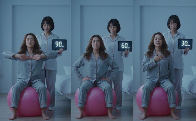 夜の導線プロトコル(就寝90/60/30/0分の4ステップ) → あいみがバランスボールで胸を開く→骨盤をゆらす→揺らぎ呼吸→ベッドへ移動、という4コマ風構図。美羽が横でサポートしている。