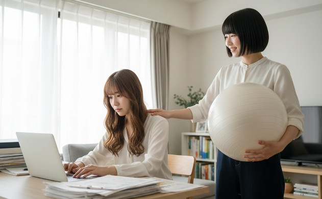 在宅ワークで崩れる美容習慣と、その解決の物語 → あいみが疲れた表情で机に向かい、美羽がバランスボールを差し出して寄り添うシーン。