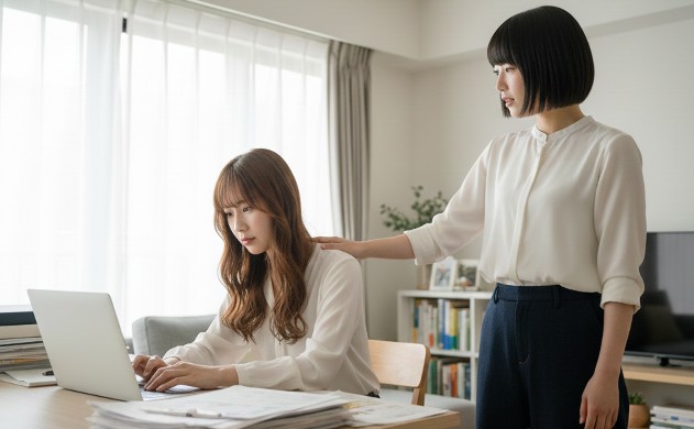 在宅ワーク女子が美容を崩す理由 → あいみが猫背でPC作業、美羽が心配そうに肩に手を置く。