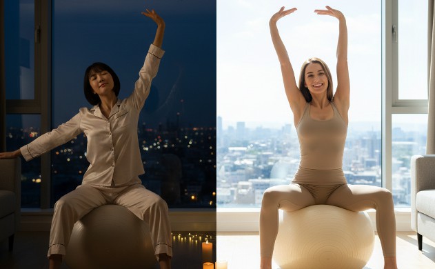 昼はダイエット、夜は快眠、美容直結の仕組み → 昼の光の中で二人がバランスボールに座り、笑顔で軽い運動。夜は柔らかな照明でリラックス。