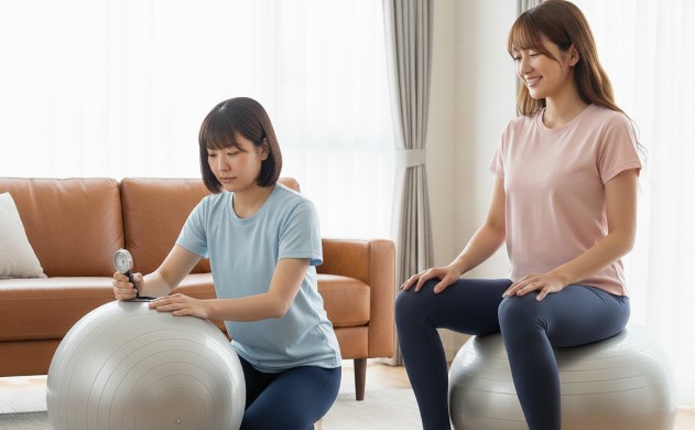 安心して続けるための安全設計 → 美羽が空気圧をチェックし、あいみが安心して座っている。