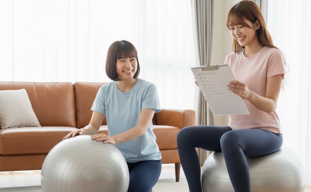 習慣化のコツ → 二人がチェックリストを見ながらバランスボールに座り、笑顔で習慣を続ける様子。