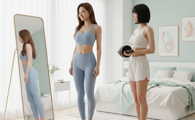 腹筋ローラーの効果|美容・姿勢・睡眠に直結する科学的メリット → あいみが鏡の前で姿勢をチェック、美羽が横で頷いている。清潔感ある寝室風の背景。