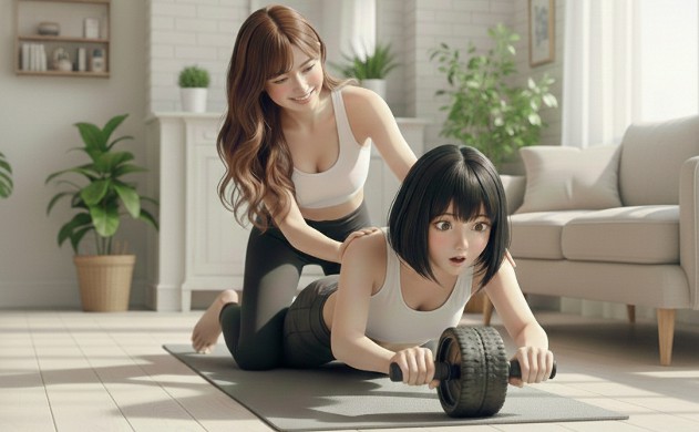 初心者が失敗しやすいポイントと安全対策 → 美羽がフォームを崩して転びそうになり、あいみが優しく支えている。笑顔と安心感。