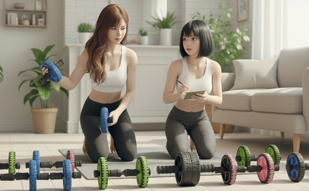 腹筋ローラーの選び方|失敗しない比較軸(専門性×UX) → あいみと美羽が複数の腹筋ローラーを並べて比較している。真剣な表情と柔らかい光。