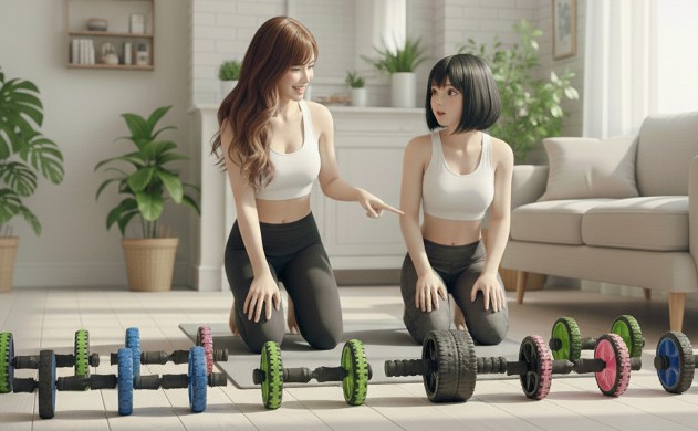 腹筋ローラーおすすめ7選|初心者でも失敗しない厳選モデルだけを紹介するね → あいみが7種類の腹筋ローラーを並べて、美羽におすすめを指差している。明るいリビング。