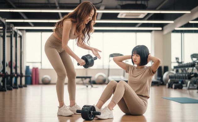 「腹筋100回できるのに効果が薄い人へ」
→ 美羽がクランチの姿勢で疲れている横で、あいみが腹筋ローラーを示し“こっちの方が効くよ”と優しく提案する構図。