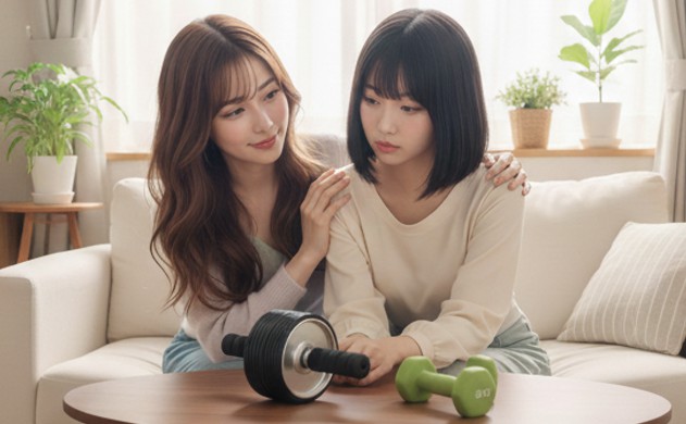 がんばれない日があっても、美しさは育てられるのよ
構図:
明るい窓辺のリビング。
あいみが美羽の隣に座り、肩にそっと手を置いて寄り添う。
美羽は少し疲れた表情で腹筋ローラーを見つめている。
テーブルの上に腹筋ローラーとダンベル。
柔らかい朝の光が2人を包む。