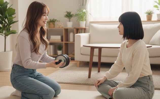 腹筋ローラーは美容に効くの?その答えは“YES”なのよ
構図:
ヨガマットの上で、あいみが腹筋ローラーを手に持ち、
美羽に優しく説明しているシーン。
美羽は興味深そうにうなずく。
背景は広いリビング、観葉植物が柔らかく写り込む。