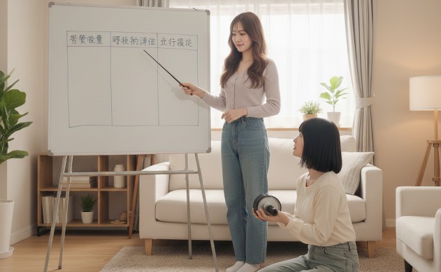 美容に効く科学的ロジック(3本柱)
構図:
ホワイトボードの前で、あいみが姿勢を整えながら説明ポーズ。
美羽は横で腹筋ローラーを持ちながら「なるほど…」という表情。
背景に姿勢・呼吸・血流を象徴するような生活空間(窓、植物、柔らかい光)。