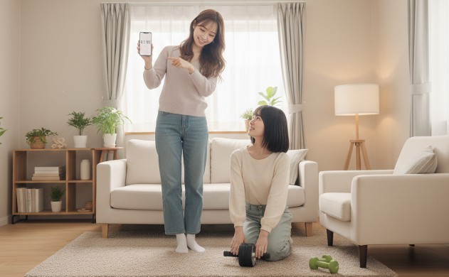 「1日1分」でいい理由(科学 × UX)
構図:
あいみがタイマー(スマホ)を指差し「1分」を示す。
美羽は腹筋ローラーを軽く触りながら安心した笑顔。
背景は広い部屋、朝の光が差し込む。
ダンベルが床に置かれている。