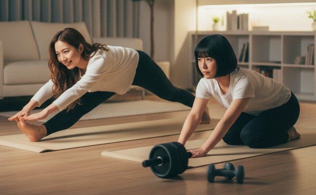 美容効果を最大化する“整えルーティン”
構図:
夜の間接照明の部屋。
あいみと美羽がヨガマットの上でストレッチしながら、
そばに腹筋ローラーとダンベルが置かれている。
落ち着いた光で“夜の整え”を表現。