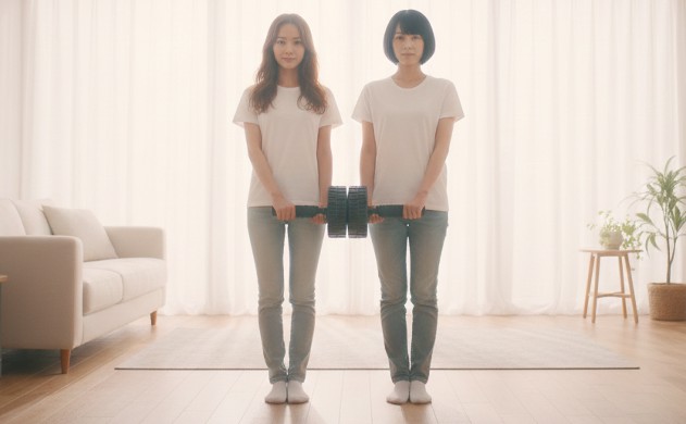 まとめ:1分の積み重ねが、未来のあなたをそっと変えていくの
構図:
朝の光の中、あいみと美羽が並んで立ち、
腹筋ローラーを手に持ちながら前を向いて微笑む。
未来を見つめるような優しい雰囲気。
背景は広く、窓辺の光が美しく差し込む。