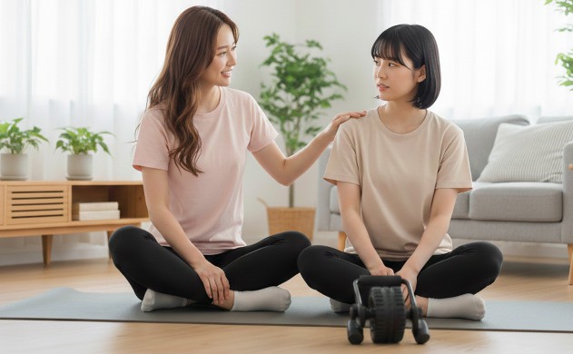 「腹筋ローラーが怖くなってしまったあなたへ」
あいみが美羽の肩に手を添えて、優しく微笑んでいる。美羽は腹筋ローラーを前にして少し不安そう。背景は明るいリビング。床に腹筋ローラー。