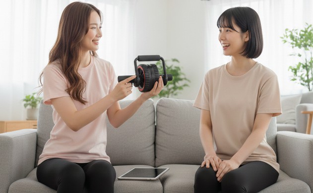 「アシスト機能とは?初心者さんを守る“安全装置”のしくみ」
あいみが腹筋ローラーを手に持ち、アシスト機能部分を指差しながら、美羽に優しく説明。美羽は「なるほど」と表情が明るくなる。