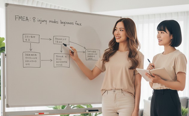 「【FMEA】初心者さんがつまずく“怪我モード”を8つに整理したよ」
あいみがホワイトボードに「怪我モード8種」の図を描いている。美羽が横でメモを取っている。