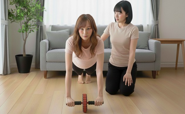 「今日から安心して再開できる“初心者プロトコル”を整えたよ」
あいみがストレッチをしている美羽を見守っている。美羽は笑顔で準備運動中。腹筋ローラーは床に置かれている。