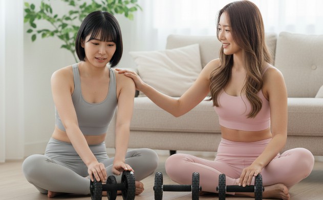 「腹筋ローラーが怖くなる理由(怪我モード × 心理)」
→ 美羽が不安そうにローラーを見つめ、あいみが寄り添って肩に手を置く構図。