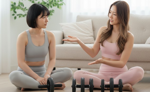 「失敗しない腹筋ローラー選びのための3つの軸」
→ 3種類のローラーを横一列に並べ、あいみが指差しながら説明し、美羽が真剣に聞く構図。