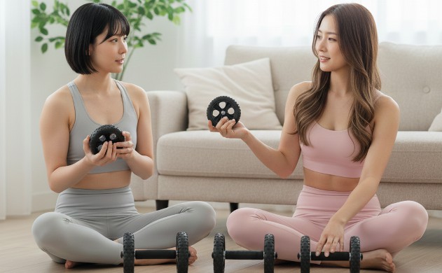 「腹筋ローラーの構造別の特徴(設計者視点でやさしく解説)」
→ あいみが1輪・2輪・4輪を手に取りながら解説し、美羽が感心している構図。