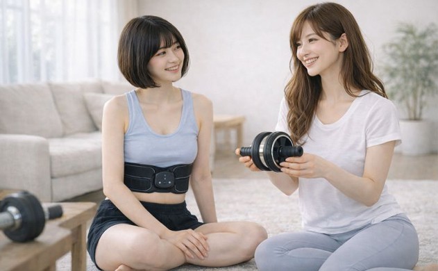 「併用のメリット5選(初心者にこそ向いている)」 → 美羽がEMSベルトを巻いて座っており、あいみが腹筋ローラーを持って横に座っている。2人とも笑顔。