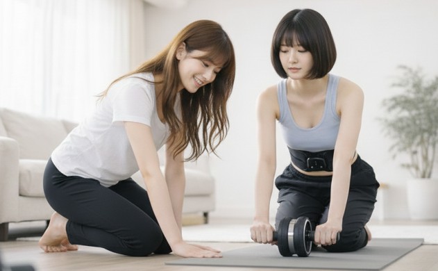 「初心者でも安全にできる“最短の併用ルート”」 → 美羽がEMSベルトを巻いて準備中、あいみが腹筋ローラーを床に置いてフォームを教えている。