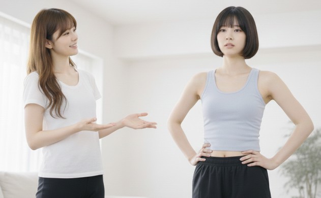 「併用に向いていない人」 → 美羽が腰に手を当てて少し不安そうな表情。あいみが優しく説明している。背景はリビング。