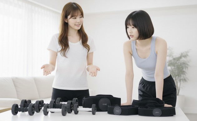 「おすすめの腹筋ローラー&EMS腹筋ベルト(設計者が厳選)」 → あいみが商品を並べてプレゼン風に紹介。美羽が興味深そうに見ている。背景は白いテーブル。