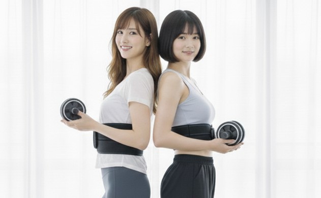 あいみと美羽が、それぞれのEMS腹筋ベルトを装着し、それぞれを腹筋ローラーを持って、こちらを見て微笑んでいる。