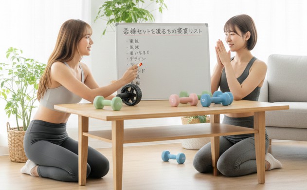 「最強セットを選ぶための要件リスト」
→ あいみがホワイトボードを指差し、美羽がうなずいている構図。
→ 腹筋ローラーとダンベルは手元に置かれ、選定中の雰囲気。