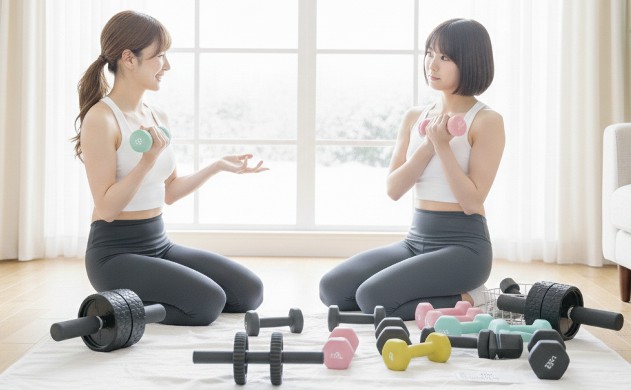 「実際の商品で選ぶ!最強セット」
→ 2人が商品を並べて比較している構図。
→ ダンベルと腹筋ローラーが複数並び、あいみが説明、美羽が選びかけている。