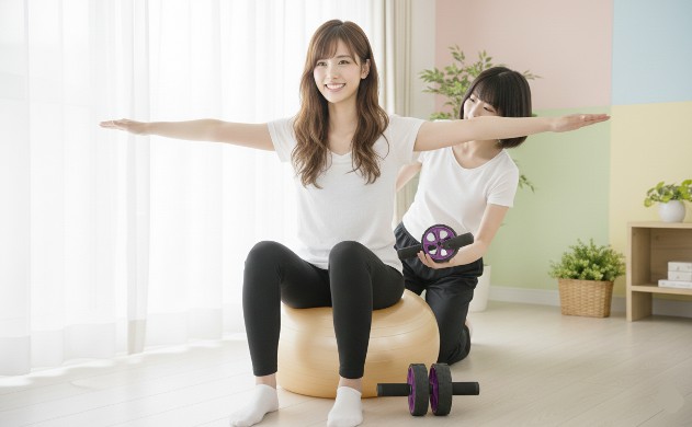 体幹が整うと腹筋ローラーは優しくなる── バランスボールが“土台づくり”に最適な理由
あいみがバランスボールに軽く座り、姿勢が整っている様子。
美羽が横で腹筋ローラーを持ち、「こうすると優しくなるよ」と説明している雰囲気。
体幹の安定感が伝わる柔らかい光。