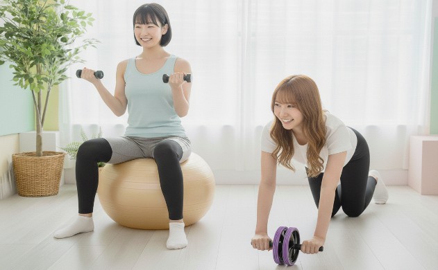 まとめ── 今日のあなたの一歩が、未来の体幹をつくる
あいみと美羽が窓辺で、
腹筋ローラーとバランスボールとダンベルを使ってトレーニングをしている。
運動する喜びを感じ優しく微笑んでいる。
朝の光が差し込み、希望を感じる構図。