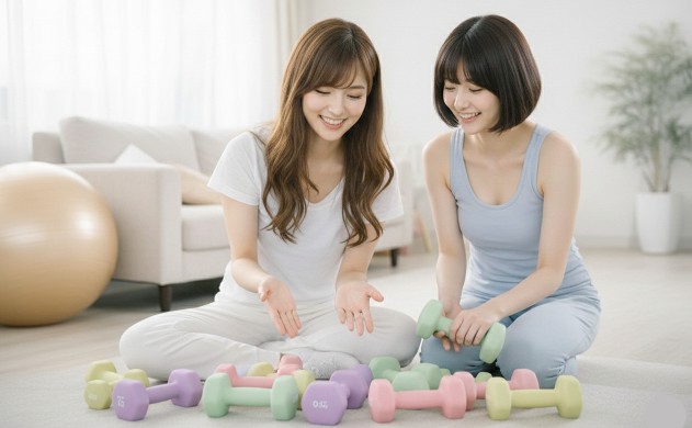 ダンベルの選び方(重さ・形状・素材・安全性)
→ あいみがパステルカラーのダンベルを並べて、美羽が手に取っている。笑顔で選んでいる様子。