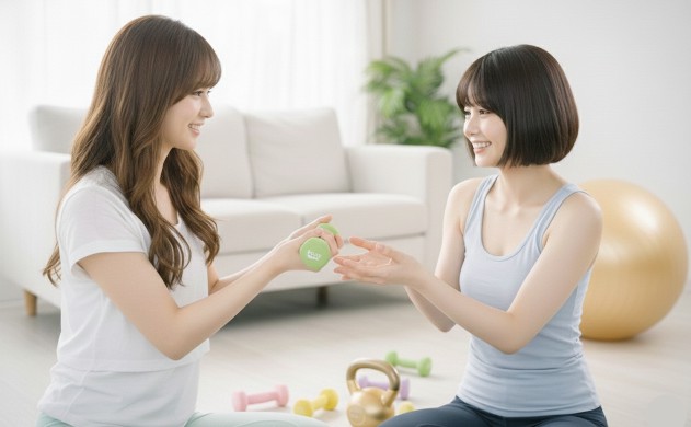 初心者でも扱いやすいバランスボールとダンベルの選び方
→ あいみが「これなら安心だよ」と美羽に渡しているシーン。美羽が嬉しそうに受け取っている。