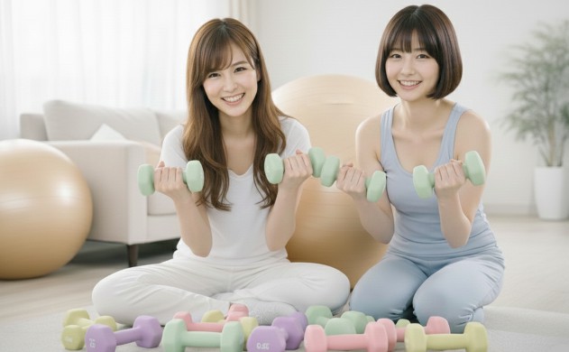 まとめ(今日から始める“優しい体幹トレ”)
→ あいみと美羽が並んで座り、笑顔でダンベルを持っている。背景にリビングとバランスボール。