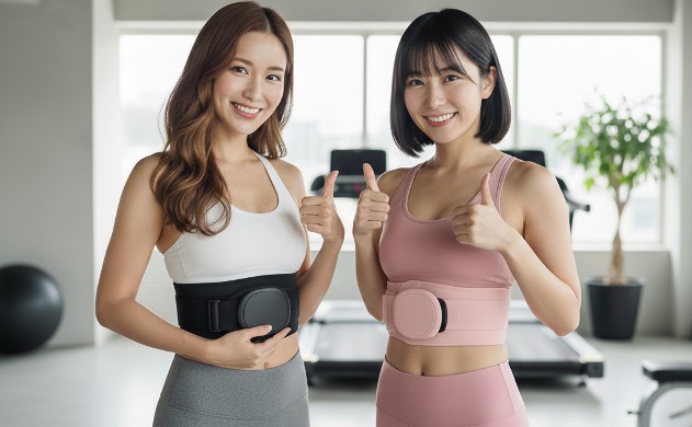 「方式の違いを理解すれば迷わない」 → あいみと美羽がそれぞれお気に入りのEMSベルトを持って笑顔でサムズアップ。背景はリラックスしたジム空間。