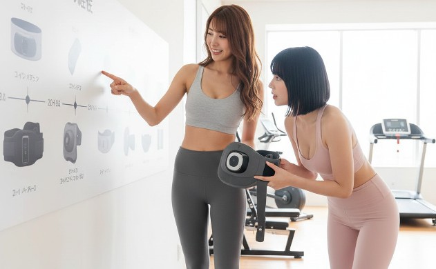 「EMS腹筋ベルトの進化を整理してみよう」 → あいみと美羽がジムで立ち、壁に貼られたEMSベルトの進化チャートを見ている。あいみは最新型を指差し、美羽は旧型のジェル式を好奇心いっぱいに見つめている。