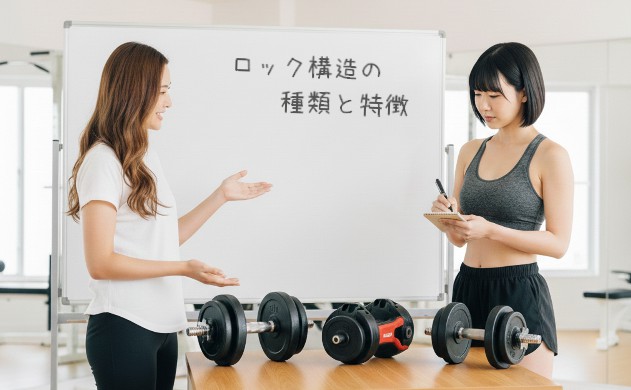 「可変式ダンベルのロック構造の種類と特徴」
→ テーブルに複数のダンベル(スクリュー式・レバー式風)を並べ、あいみがそれぞれを指しながら説明。美羽はメモを取っている。