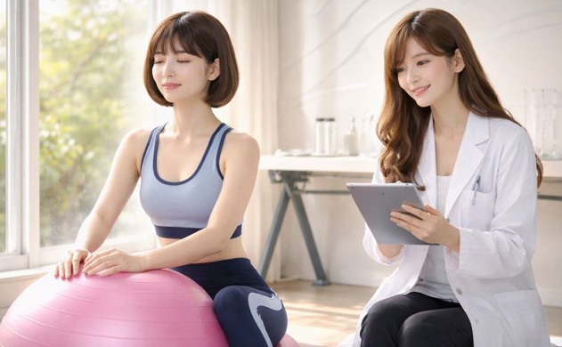 明るい研究室の窓際でバランスボールに触れ瞑想する美羽と、隣で穏やかにタブレットで分析を行い見守るあいみ