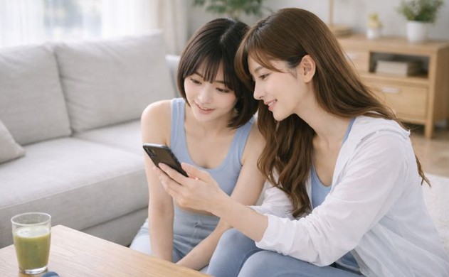 明るいリビングで、あいみが美羽に寄り添いながらスマホを見せ、安心させている構図。