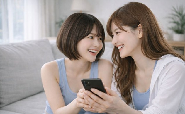 あいみが美羽の手を包みながらスマホを見せ、優しく微笑む構図。