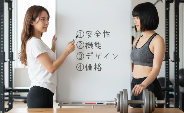 「可変式ダンベルは“安全性が最優先”で選ぶべき理由」
→ あいみがホワイトボードの前で「安全性」の重要性を語っている雰囲気。美羽は頷きながらダンベルに手を添えている。