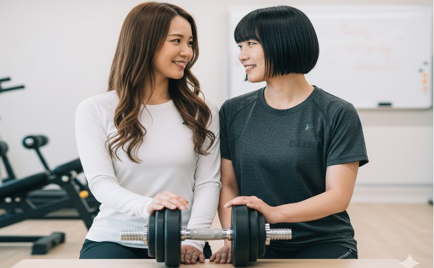 「安全性を最優先にするなら、この構造のダンベルが最適です」
→ 2人がスクリュー式ダンベルを中央に置き、両手で示しながら「これが最適」と語っている構図。背景は明るく安心感のあるジム。