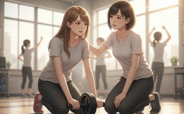 腹筋ローラーに不安を感じる初心者のあいみを、美羽がジムで優しく見守るイラスト。恐怖心の原因を共有し、安心感を与えるエクササイズシーン。