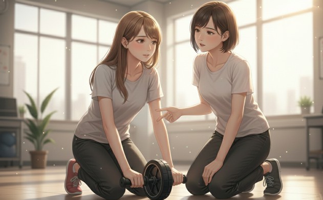 明るい室内で、美羽が腹筋ローラーの車輪の構造を指差しながらあいみに解説する様子。初心者に優しい減速設計とホイールの仕組みを説明するシーン。